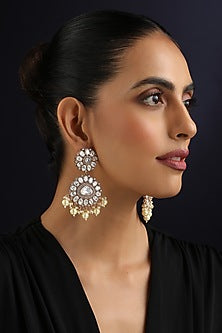 Rose Gold Finish White Kundan Polki & Pearl Dangler Earrings
