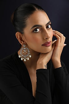 Gold Finish White Kundan Polki & Pearl Chandbali Earrings