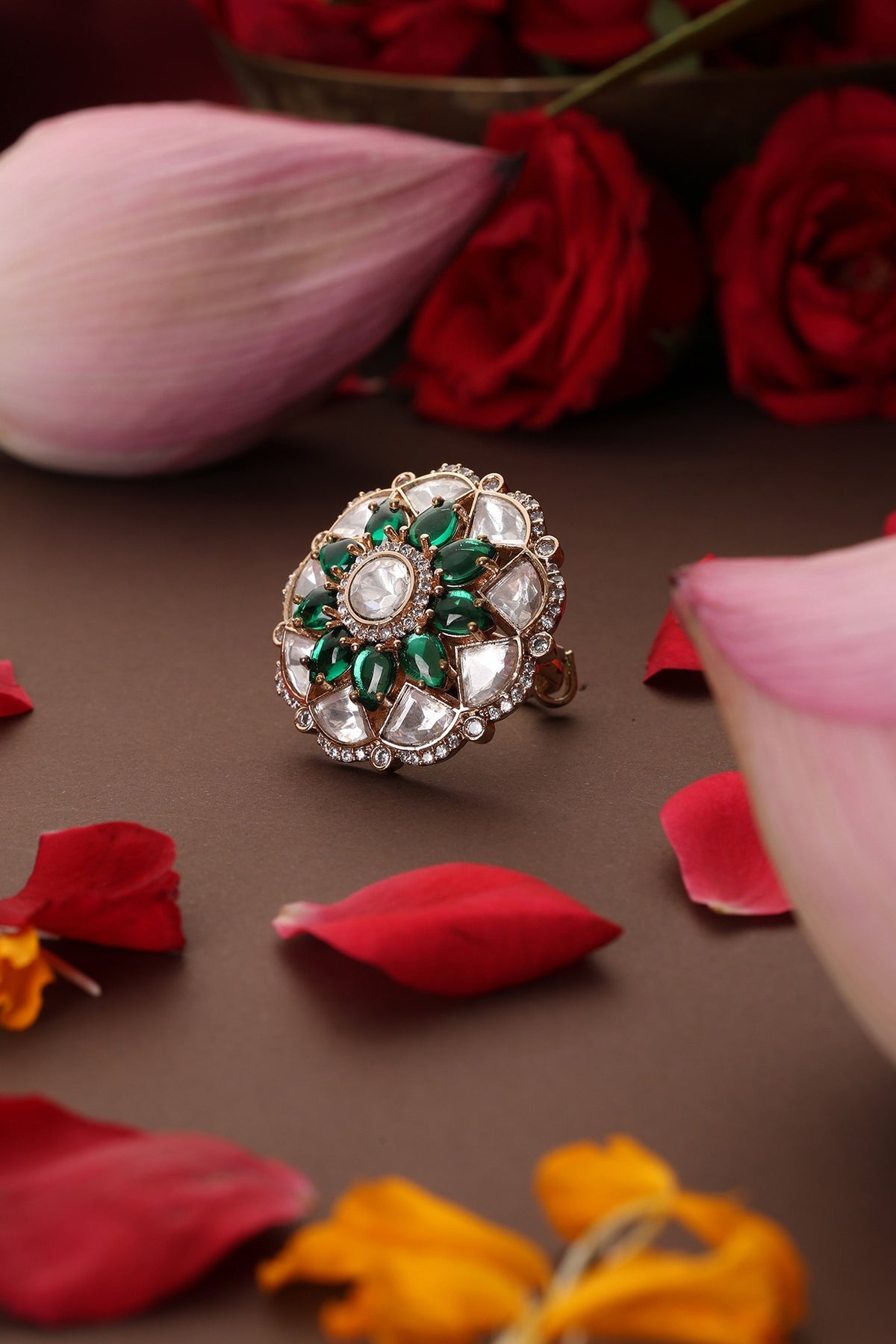Gold Finish Kundan Polki & Emerald Ring