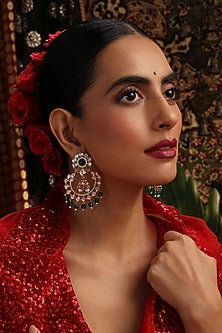 Rose Gold Finish Green Kundan Polki Chandbali Earrings