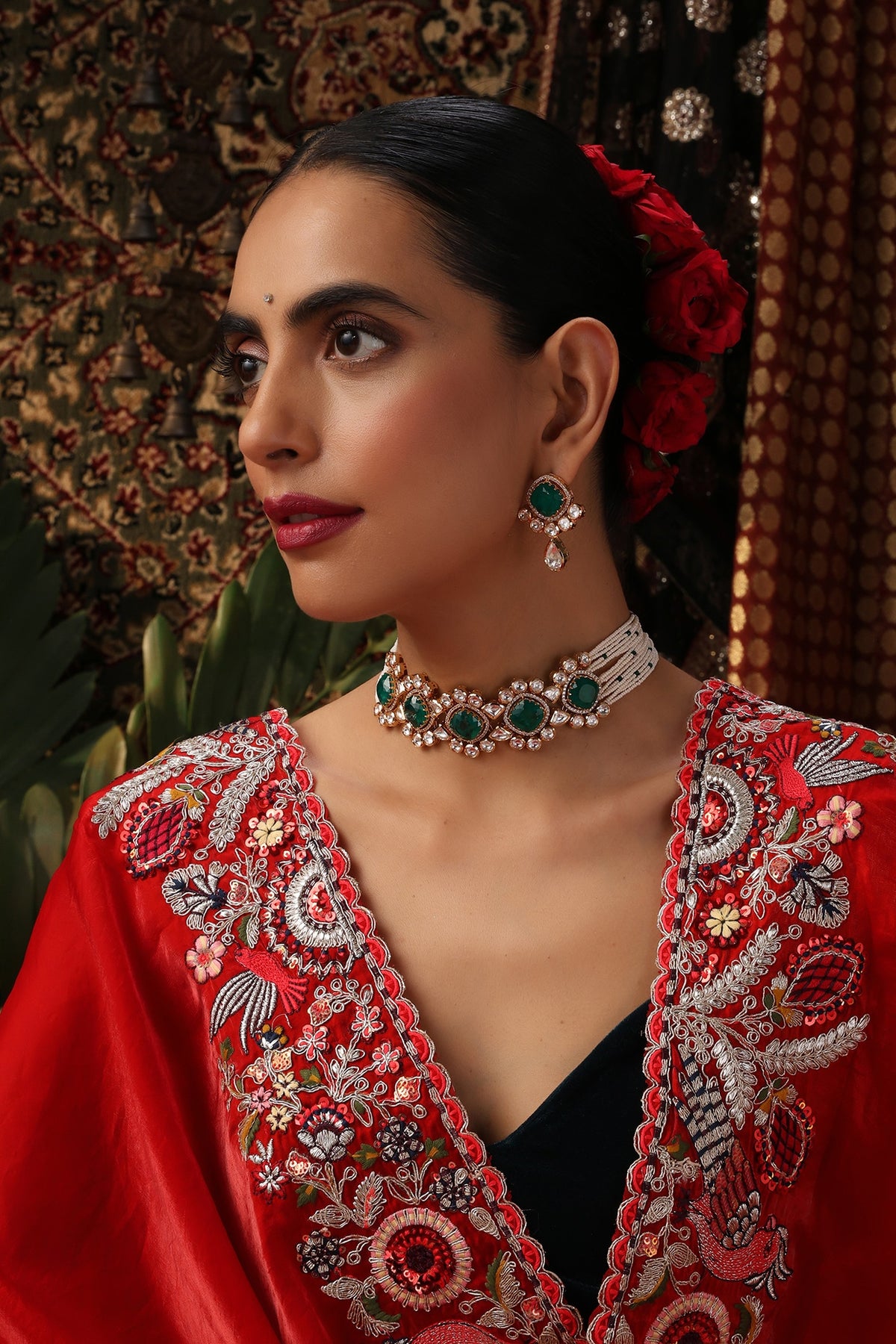 Gold Finish Kundan Polki & Emerald Stone Choker Necklace Set