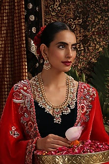 Gold Finish Multi-Colored Kundan Polki Jadau Long Necklace Set