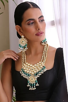 Gold Finish Kundan Polki Long Necklace Set
