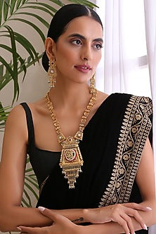 Gold Finish Kundan Polki & Pearl Long Necklace Set