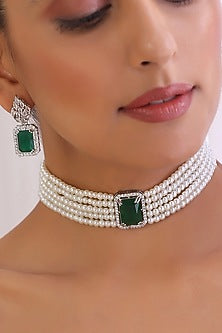 White Finish Emerald Synthetic Stone & Zircon Necklace Set