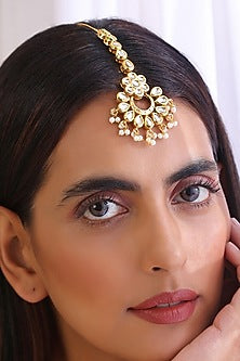 Gold Finish Kundan Polki & Pearl Maangtikka