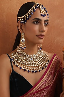 Gold Finish Blue Kundan Polki Necklace Set