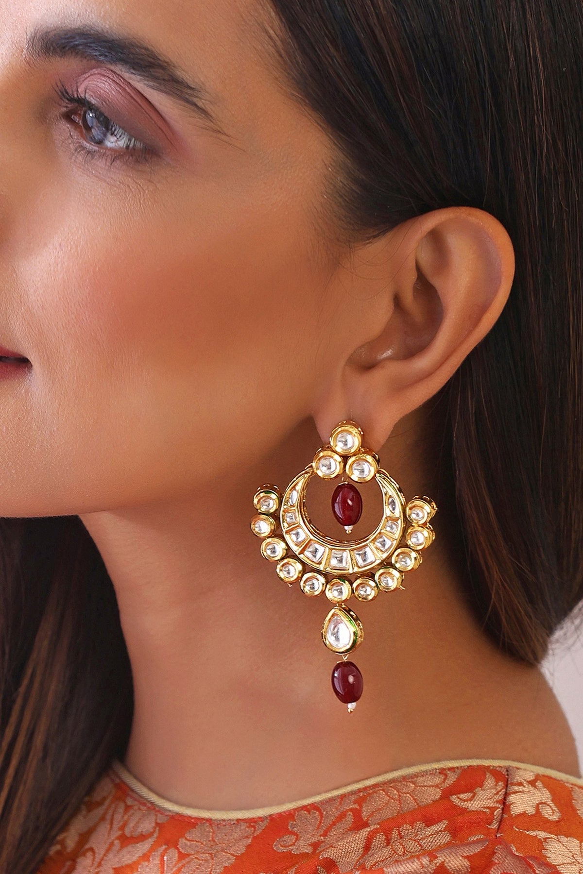 Gold Finish Kundan Polki & Red Stone Chandbali Earrings