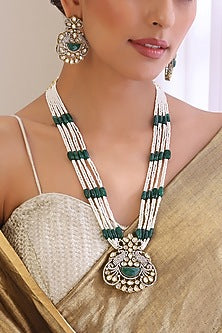White Finish Kundan Polki & Green Stone Long Necklace Set