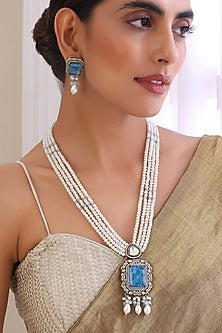 White Finish Victorian Polki & Blue Stone Long Necklace Set
