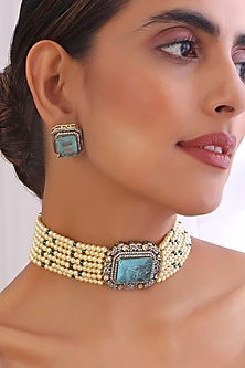 White Finish Victorian Polki & Blue Stone Choker Necklace Set