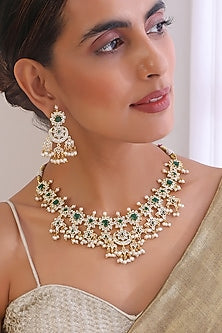 Gold Finish Kundan Polki & Emerald Necklace Set