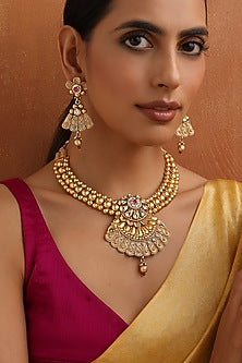 Gold Finish Kundan Polki Handmade Temple Necklace Set