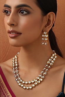 Gold Finish Red Kundan Polki Handmade Long Necklace Set