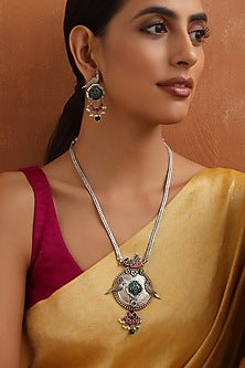 Silver Finish Kundan Polki Handmade Long Pendant Necklace Set