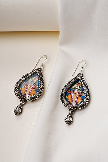 Oxidised Silver Finish Handpainted Shreenathji Dangler Earrings In Sterling Silver