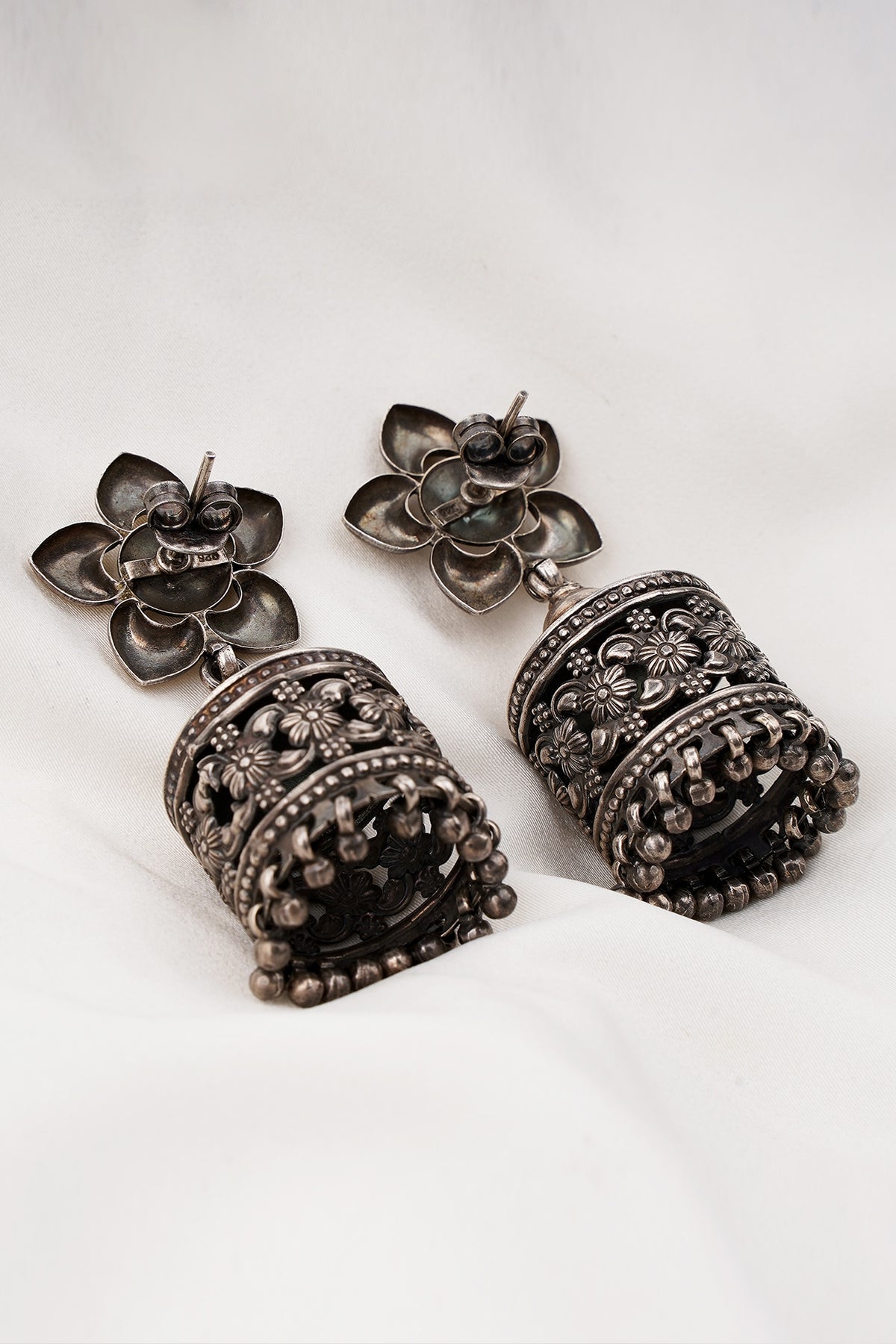 Oxidised Silver Finish Jhumka Earrings In Sterling Silver