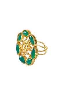 Gold Finish Green Onyx Ring In 92.5 Sterling Silver