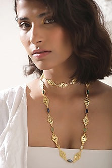Gold Finish Green Stone Choker Necklace In 92.5 Sterling Silver