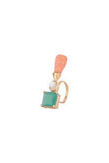 Gold Finish Green Onyx & Carved Coral Stone Ring