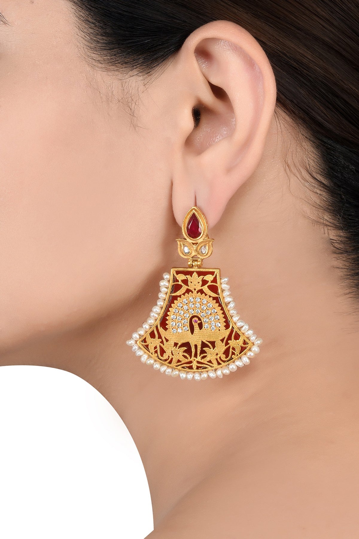 Gold Finish Pearl Earrings In Sterling Silver