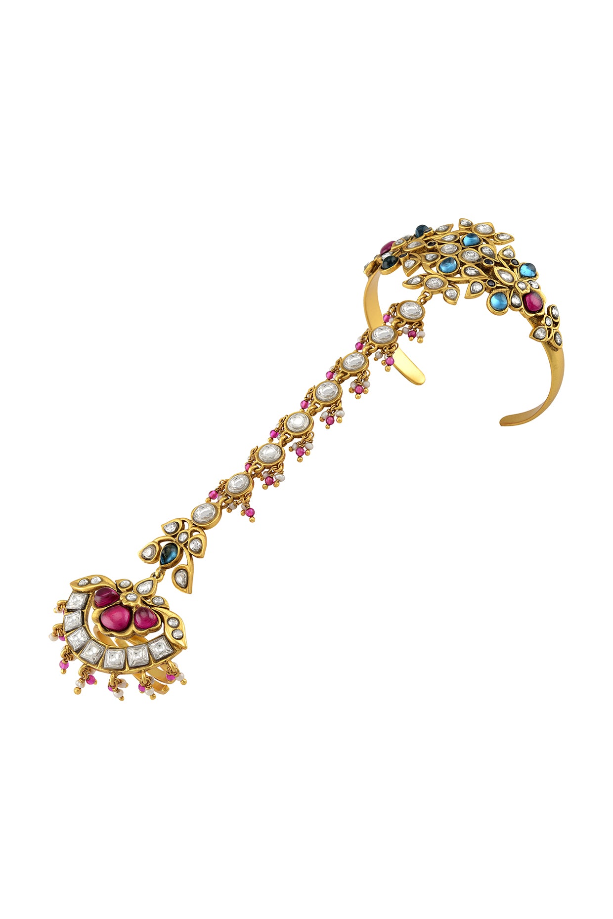 Gold Finish Pearl Handcrafted Hathphool In Sterling Silver