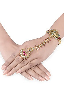 Gold Finish Pearl Handcrafted Hathphool In Sterling Silver