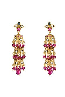 Gold Finish Pearl & Crystal Floral Dangler Earrings