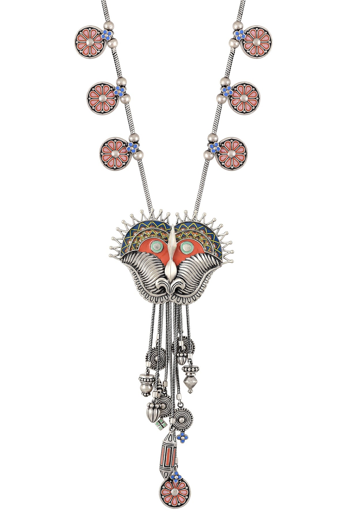 Oxidised Silver Finish Enameled Charm Necklace