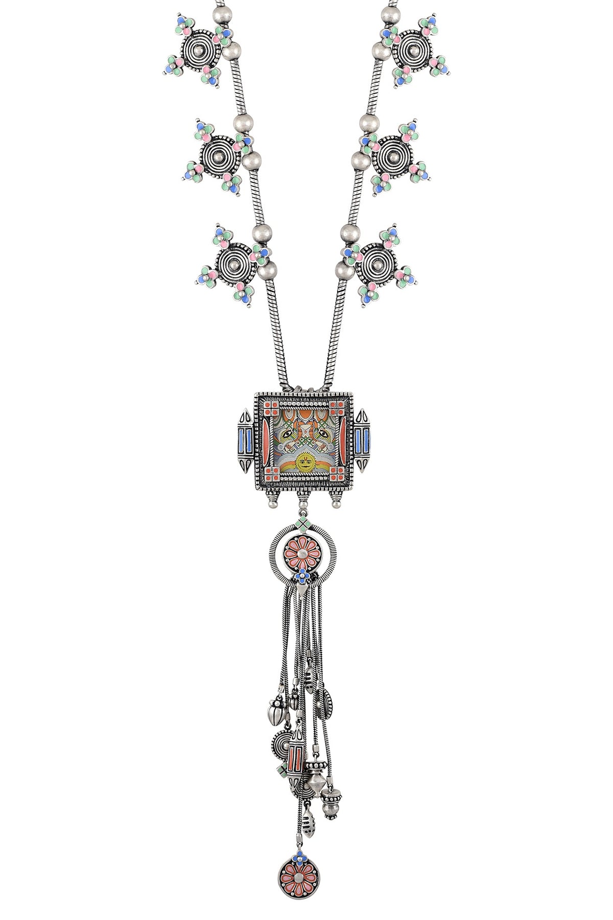 Oxidised Silver Finish Handcrafted Enameled Charm Necklace