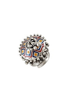 Oxidised Silver Finish Enameled Ring In Sterling Silver