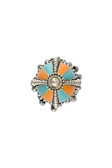 Oxidised Silver Finish Ghungroo Enameled Ring In Sterling Silver