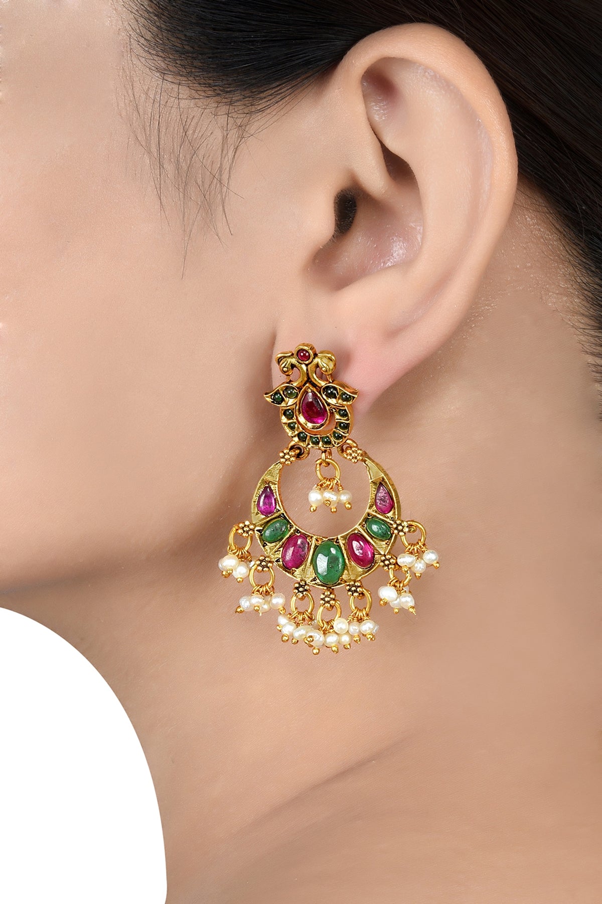 Gold Finish Pearl Chandbali Earrings In Sterling Silver