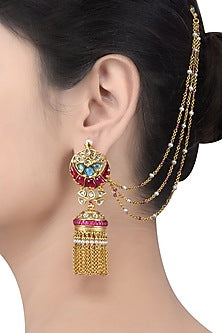 Gold Finish Hair Chain Jhumkas In Sterling Silver
