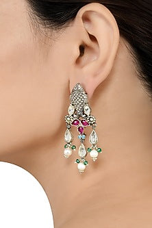 White Finish Floral Motifs Oxidized Earrings In Sterling Silver