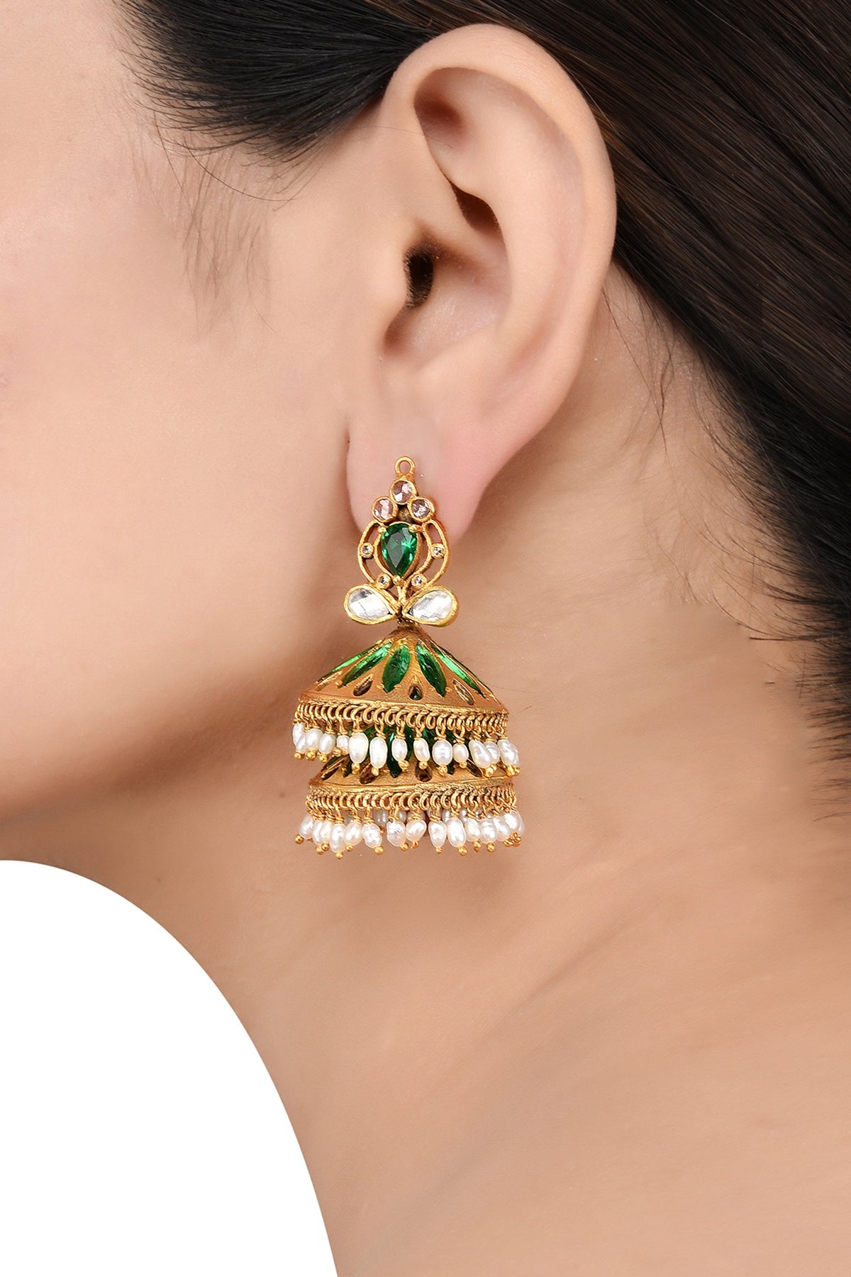 Gold Finish Handcrafted Pearl Jhumka Earrings In Sterling Silver