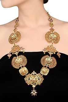 Gold Finish Handcrafted Floral Motifs Long Necklace In Sterling Silver