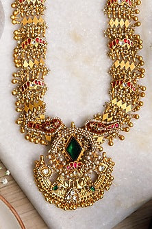 Gold Finish Kundan Polki & Semi-Precious Stone Long Necklace In Sterling Silver