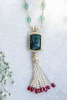 Gold Finish Carved Gemstone & Beaded Mala In Sterling Silver