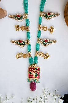 Gold Finish Kundan Polki & Beaded Long Necklace In Sterling Silver