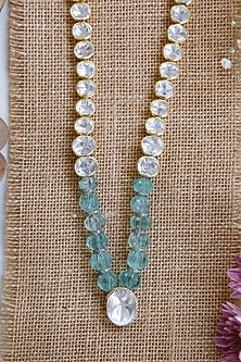 Gold Finish Kundan Polki & Beaded Long Necklace Set In Sterling Silver