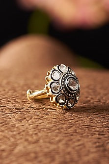 Two Tone Finish Diamond Floral Ring In Sterling Silver