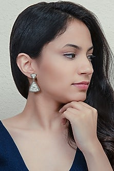 Two Tone Finish Engraved Stone Earrings In Sterling Silver