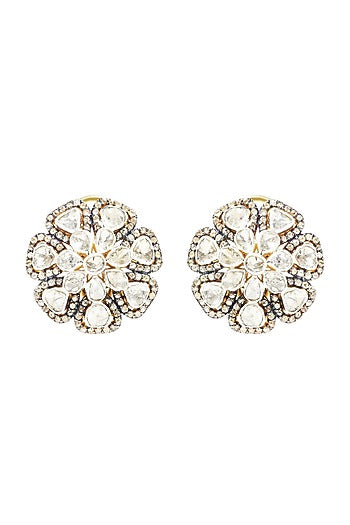 Two-Tone Finish Diamond Polki Stud Earrings In Sterling Silver