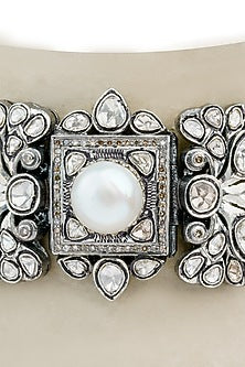 Two-Tone Finish Diamond Polki & Pearl Choker Necklace In Sterling Silver