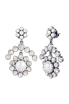Black Rhodium Finish Pearl & Uncut Diamond Dangler Earrings In Sterling Silver