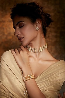Gold Finish Pearl Choker Necklace In Sterling Silver