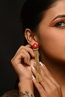 Gold Finish Ruby Taselled Earrings