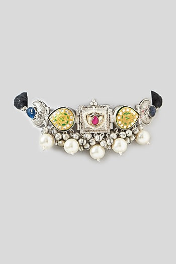 Oxidized Finish Multi-colored Amethyst & Pearl Choker Necklace