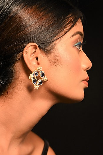 Gold Finish Navy Blue Stone Stud Earrings